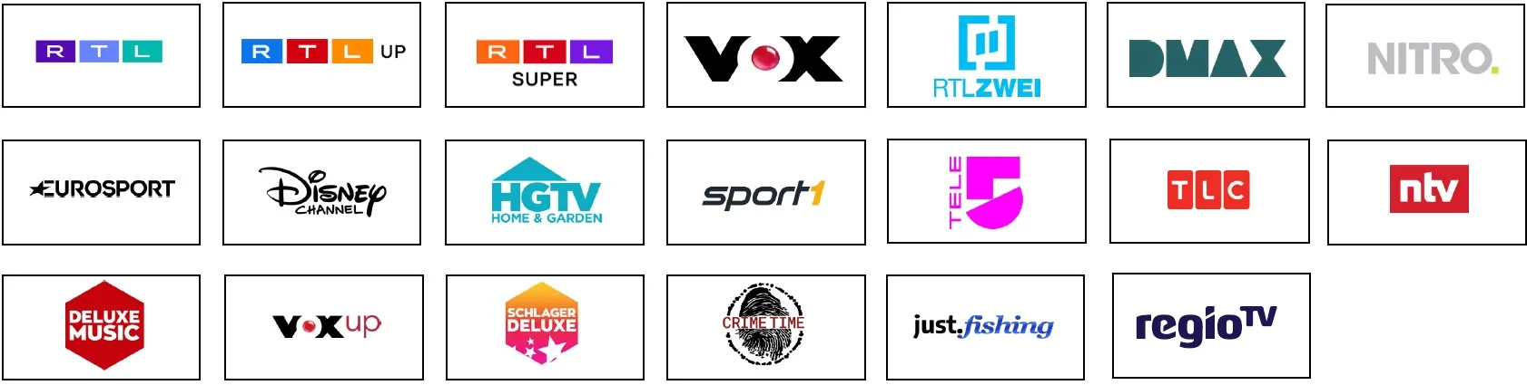 RTL, RTLup, RTL Super, VOX, RTLZWEI, DMAX, NITRO, Eurosport, Disney Channel, HGTV, Sport1, TELE 5, TLC, ntv, Deluxe Music, VOXup, Schlager Deluxe, Crime Time, just.fishing, regioTV